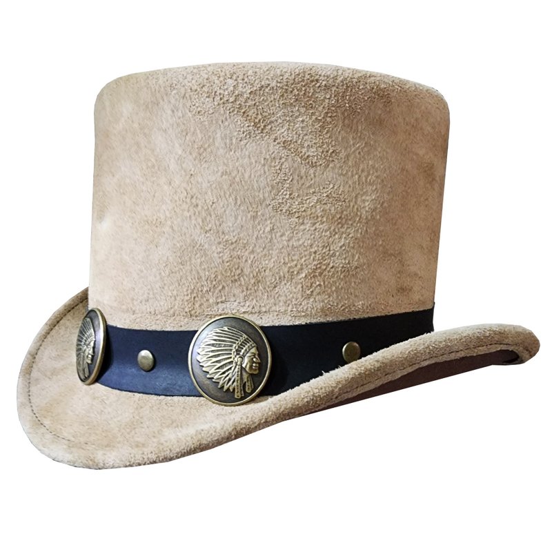 Native Indian Head Band El Dorado Suede Leather Top Hat - หมวก - หนังแท้ สีกากี