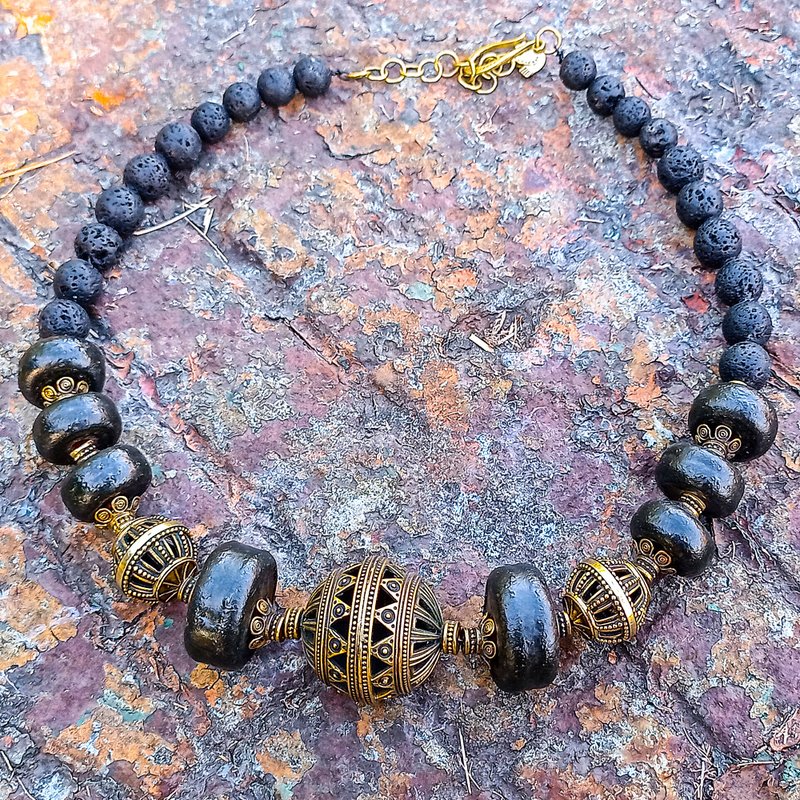 Handmade dark colors necklace,necklace with ceramic and brass beads,ukrainian - Necklaces - Pottery Black