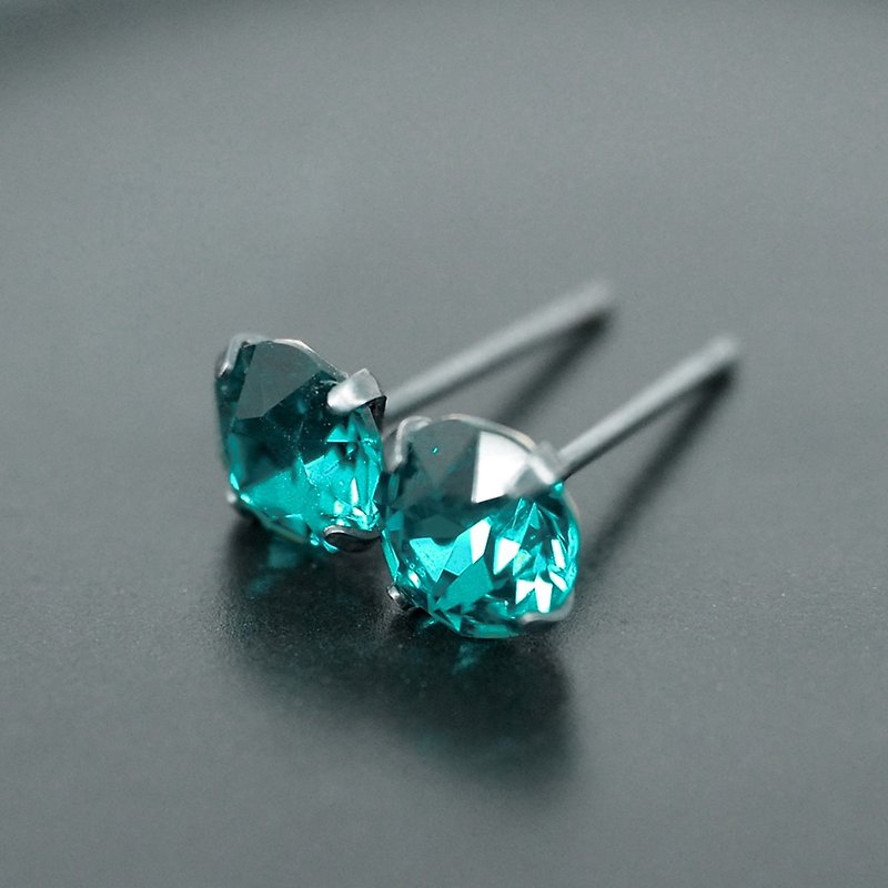 Blue Zircon Swarovski Crystal Earrings, Black Sterling Silver, 6mm Round - 耳環/耳夾 - 其他金屬 藍色