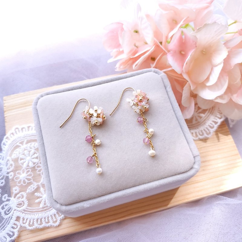 Design Earrings - Hydrangea - White Butterfly Shell / Strawberry Crystal / Natural Pearl