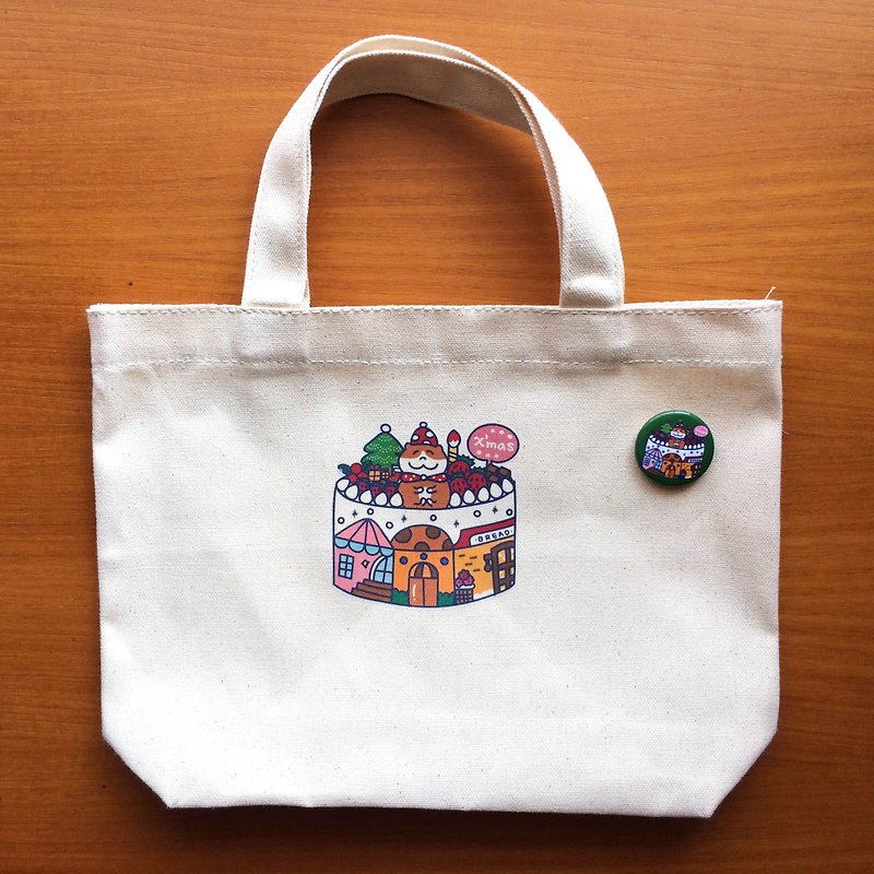 Cute cat の strawberry Christmas cake canvas bag (lunch bag) hand-printed Canvas Christmas gift - กระเป๋าถือ - ผ้าฝ้าย/ผ้าลินิน 