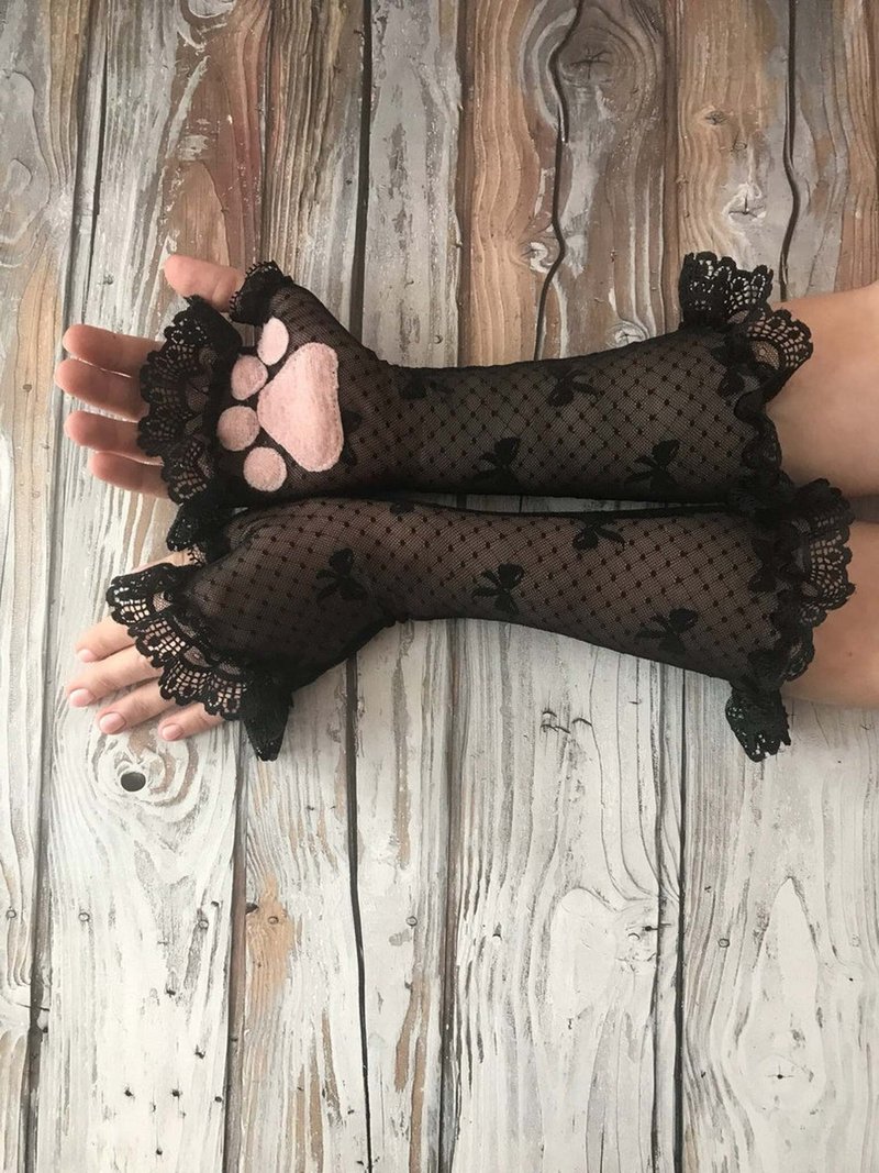 Black Paws Lace Mittens Catzo Mittens - 手套 - 其他人造纖維 黑色