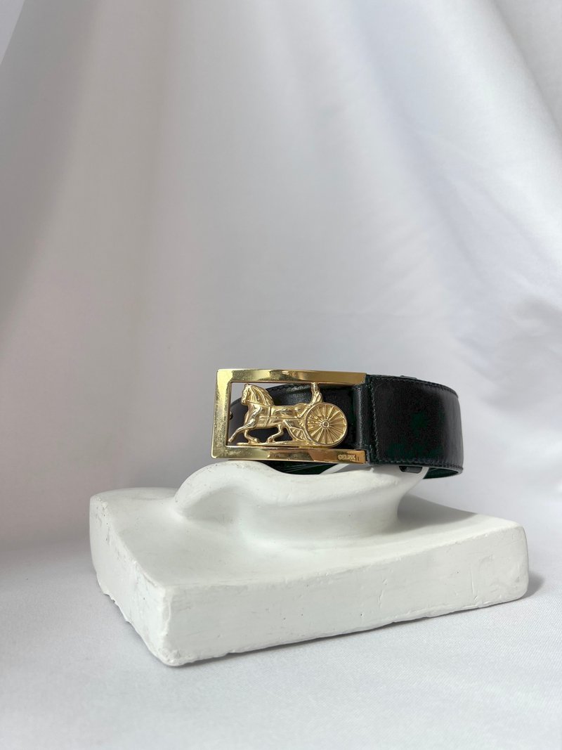 CELINE Vintage Belt carriage gold buckle black leather belt Japanese second-hand - เข็มขัด - หนังแท้ สีดำ