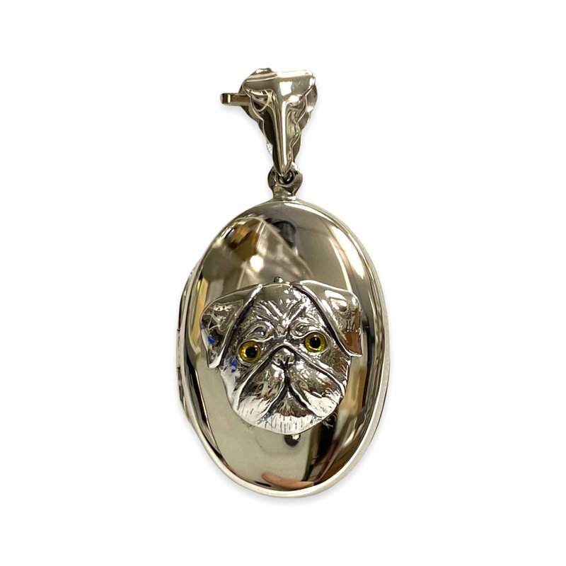 Victorian Style Pug Dog Oval Locket Pendant with Glass Eyes 925 Sterling Silver - 項鍊 - 純銀 銀色