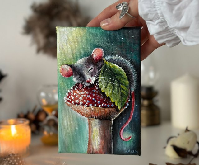 オリジナルキャンバス絵画 眠っているネズミ、かわいい動物、妖精の絵