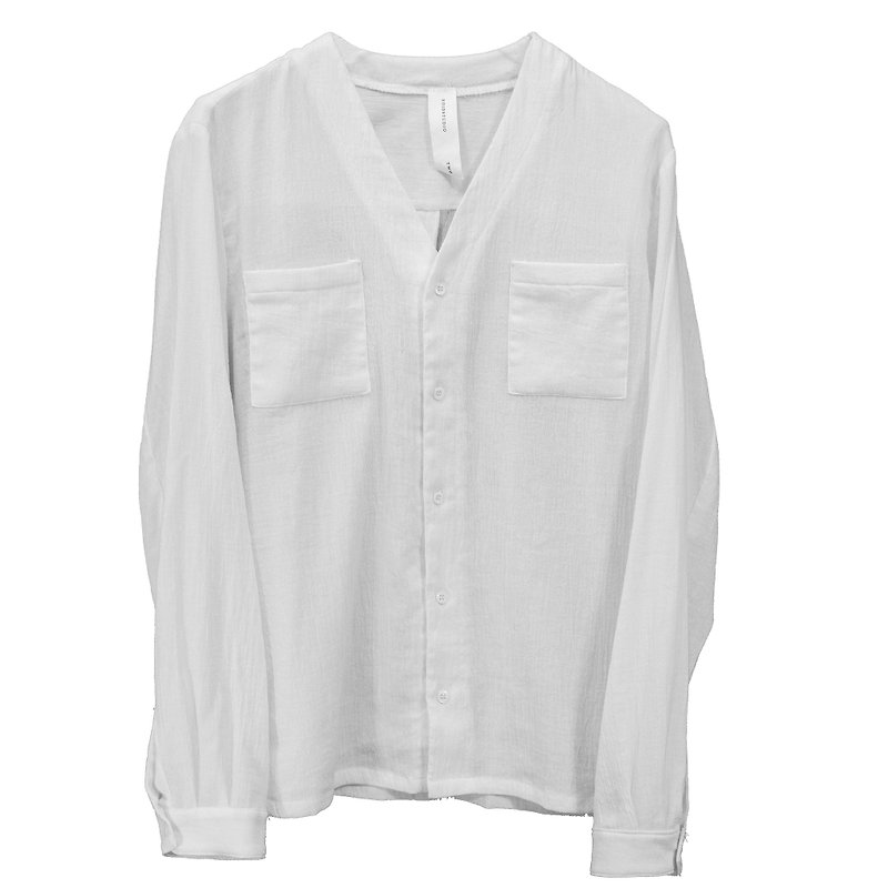 摺痕V領襯衫 - 男襯衫/休閒襯衫 - 棉．麻 白色