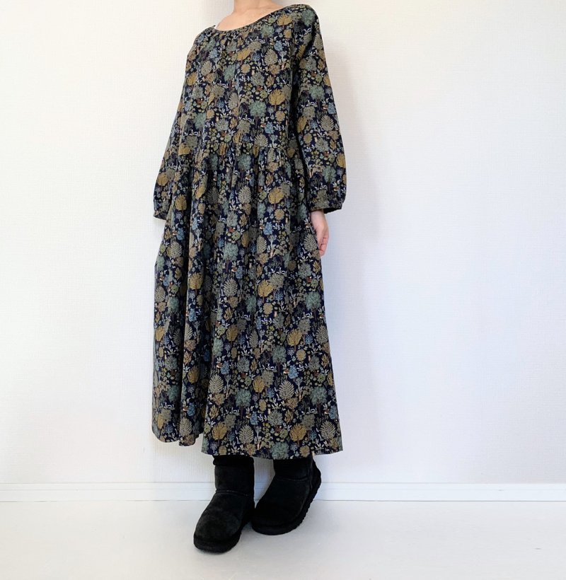 Winter forest warm corduroy long sleeve dress owl hedgehog tree DarkNavyblue - One Piece Dresses - Cotton & Hemp Black