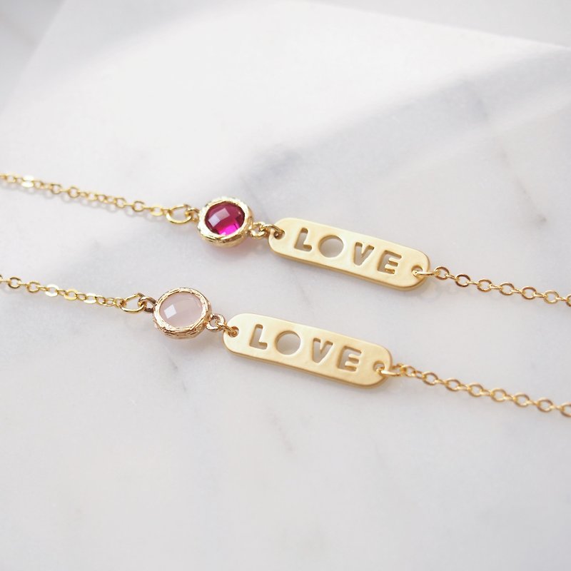 LOVE gold-plated plate • edging glass imitation gemstone • gold-plated bracelet - Bracelets - Other Metals Red