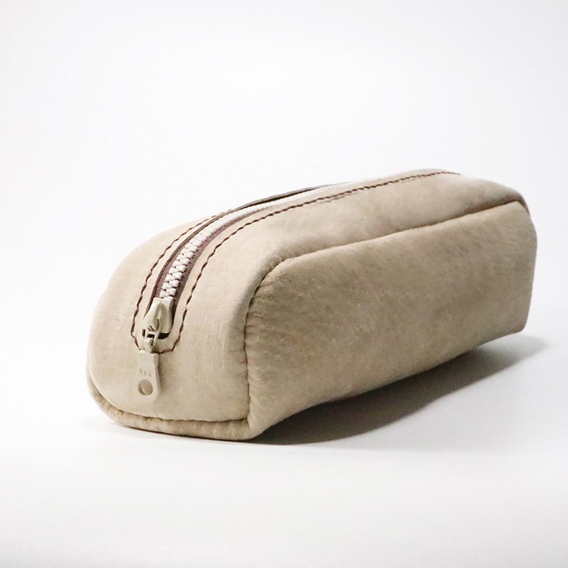 European-style bread two-color zipper pen bag / storage bag-khaki + coffee - กล่องดินสอ/ถุงดินสอ - หนังแท้ สีกากี