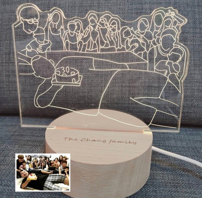 好友聚會紀念夜燈 多人客製化線條插畫 照片變燈板 生日驚喜禮物 - 燈具/燈飾 - 木頭 粉紅色