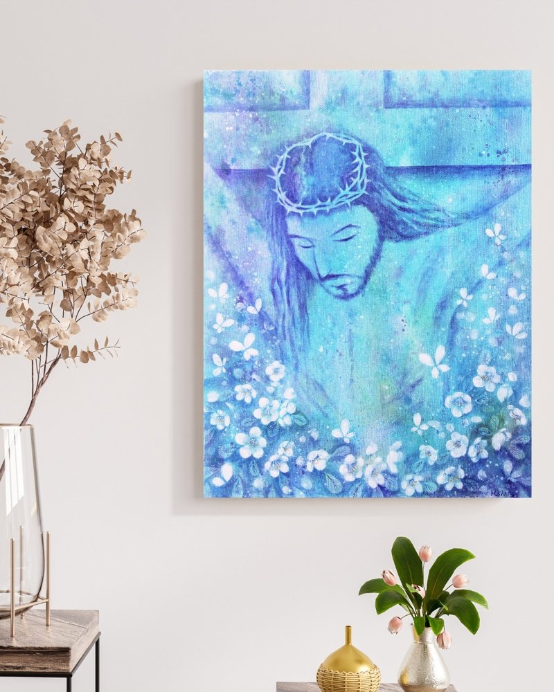 祂承擔我們的罪 福音無框原畫 - 海報/掛畫/掛布 - 棉．麻 藍色