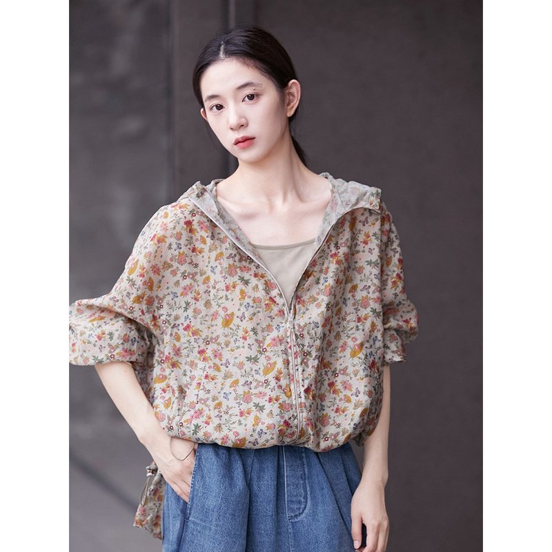 Colorful floral 6A grade mulberry silk cotton light floral print zipper sun protection clothing - Women's Tops - Silk 