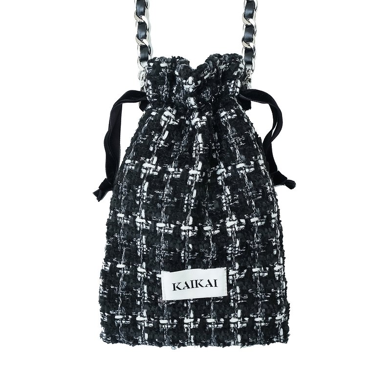 KAIKAI - Fearless - Check Woven Tweed Crossbody Bag - Black - Messenger Bags & Sling Bags - Polyester Black