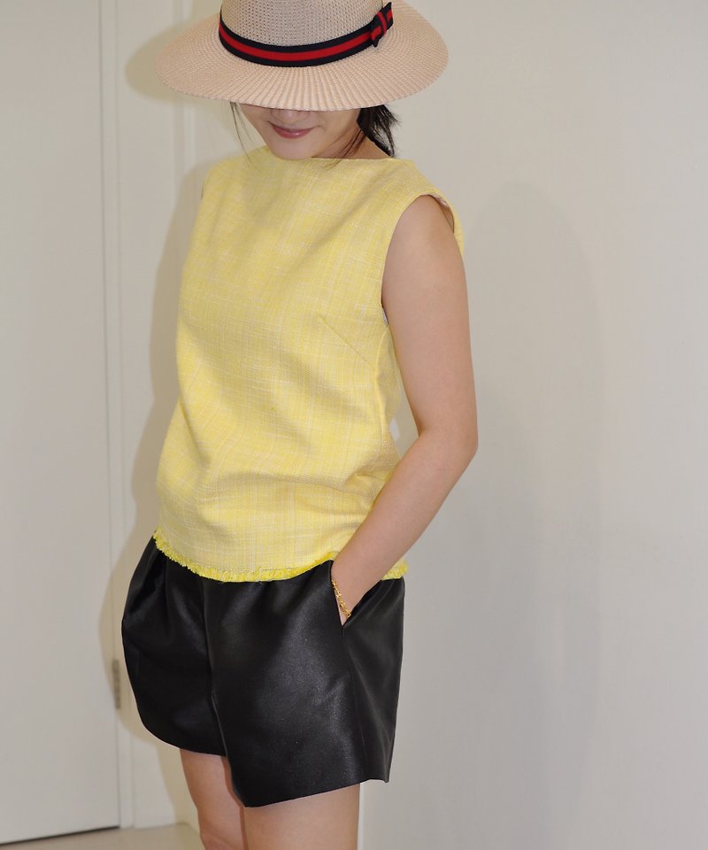 平らな135 X台湾デザイナー夏の新鮮なレモンイエロー織り生地ノースリーブトップ - ショートパンツ レディース - ポリエステル イエロー
