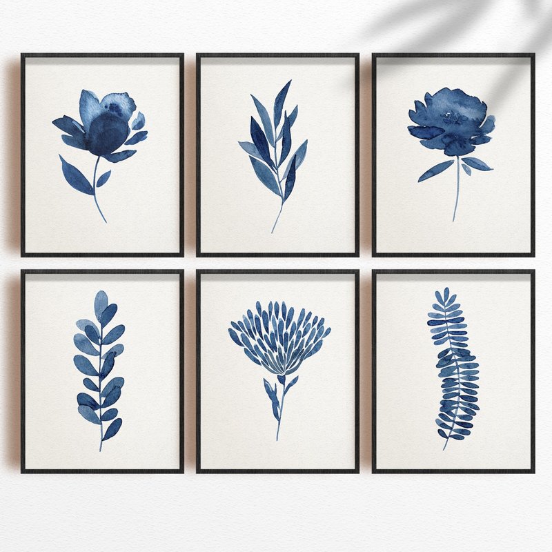 Blue Botanical Watercolor set of 6 Original Painting Blue Flowers Painting A5 - Illustration, Painting & Calligraphy - Paper Pink