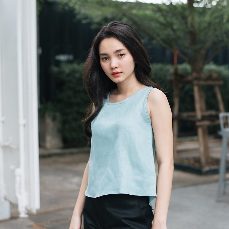 Cropped TANK-TOP -  Turquoise - 女裝 背心 - 亞麻 藍色