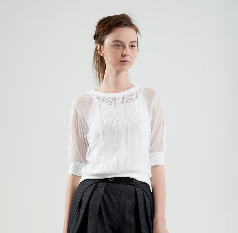 Designer brand FromClothingOf-Lace lace short-sleeved top - เสื้อผู้หญิง - เส้นใยสังเคราะห์ ขาว