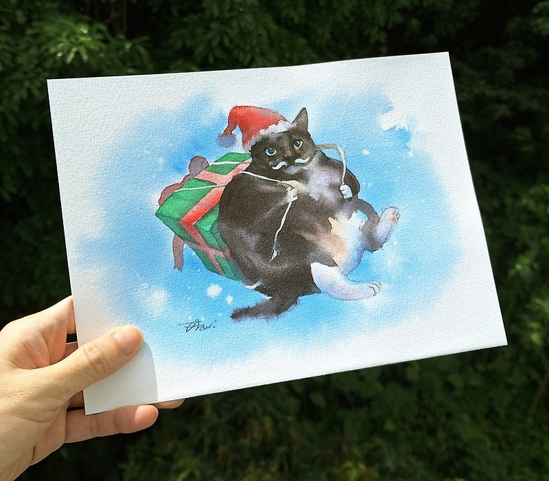 Original watercolor painting [Santa Claus Meow] - Posters - Paper Multicolor