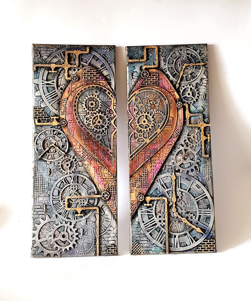 Exclusive steampunk handmade on canvas, set of 2 steampunk 3D wall pictures, ste - ตกแต่งผนัง - ไม้ 