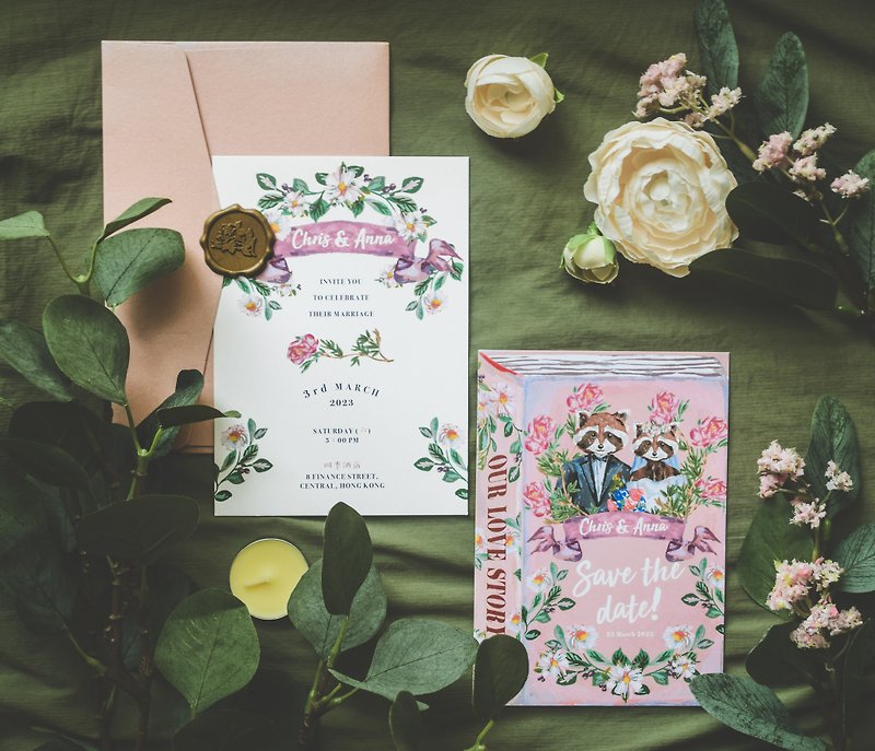 洋風の結婚式の招待状、カスタムメイドのレトロな森|森からの招待状 - 招待状 - 紙 ピンク