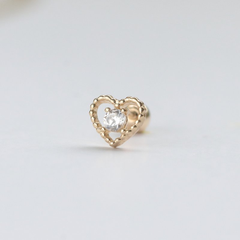 14K double hoop hollow love diamond bead earrings (single) - ต่างหู - เครื่องประดับ สีทอง