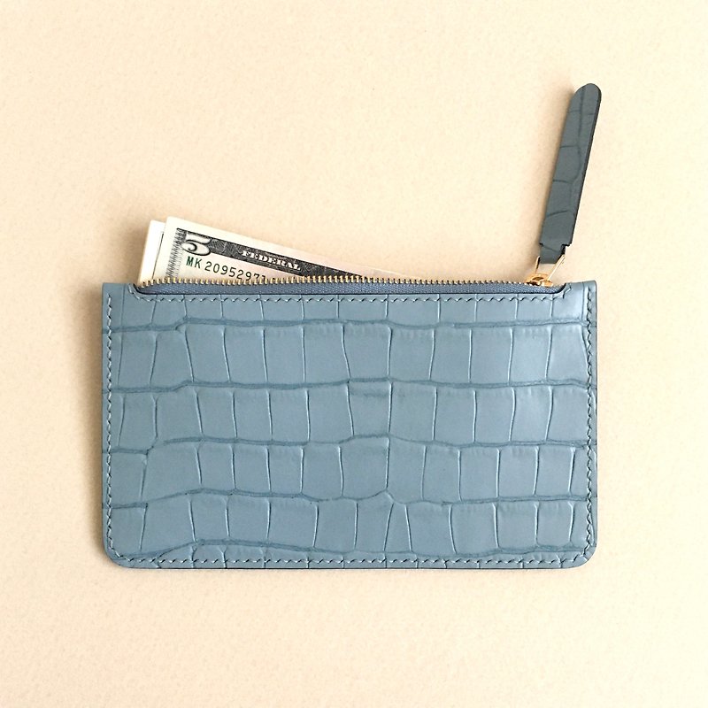 Ultra-thin crocodile leather zipper long clip / aqua blue - กระเป๋าสตางค์ - หนังแท้ สีน้ำเงิน