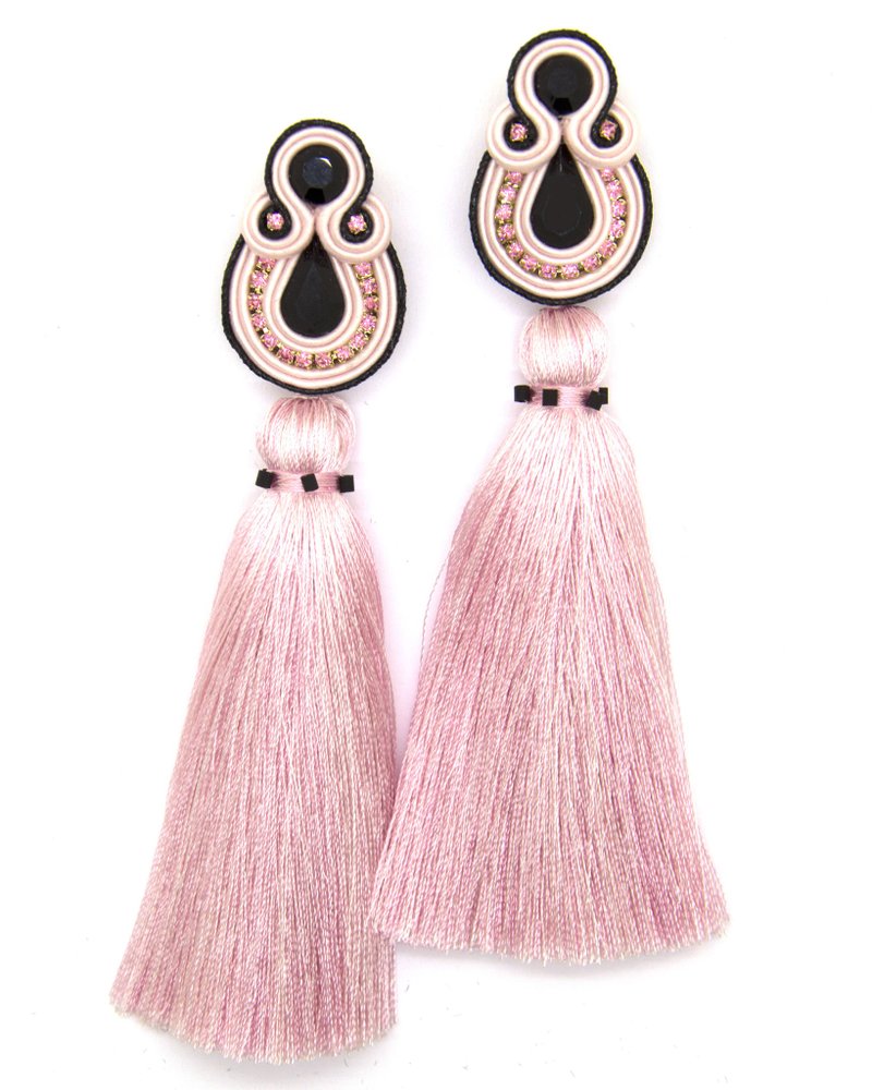 Earrings Tassel earrings in combination of light pink and black colors. Christma - ต่างหู - วัสดุอื่นๆ สึชมพู