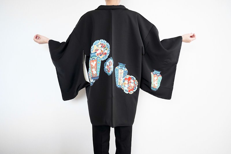 BLACK KIMONO, bird kimono, vintage kimono, kimono jacket, Japanese kimono - เสื้อแจ็คเก็ต - ผ้าไหม สีดำ