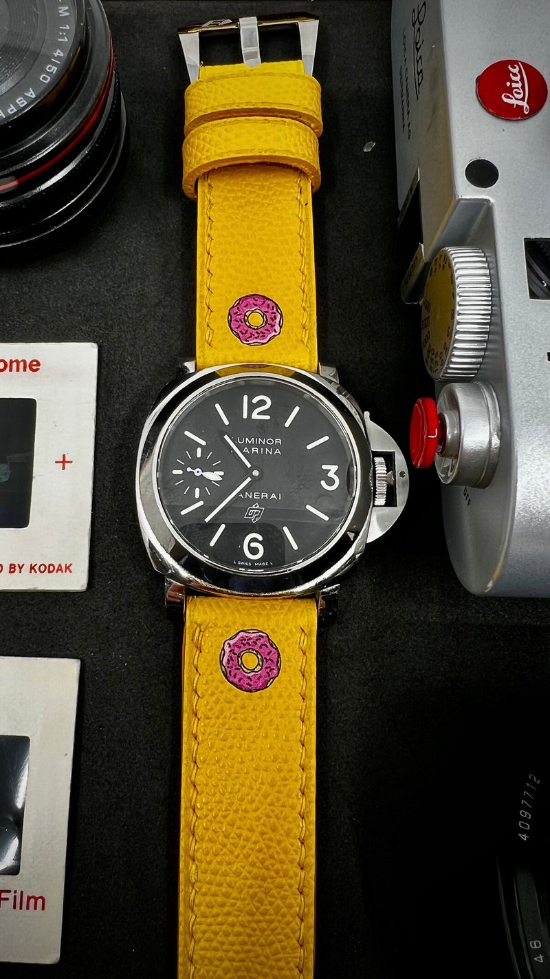 沛納海皮革錶帶訂製 辛普森甜甜圈圖案 Panerai 全手工錶帶 - 錶帶 - 真皮 黃色