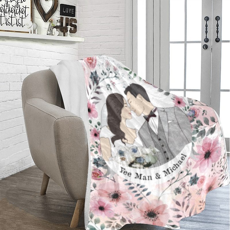 Custom Blanket with tailor-made illustration-Pink Flower, gift for girlfriend - ผ้าห่ม - เส้นใยสังเคราะห์ สึชมพู