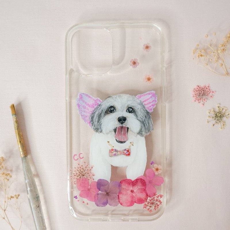 客製化手繪寵物押花手機殼 | 西施犬 - 手機殼/手機套 - 植物．花 粉紅色