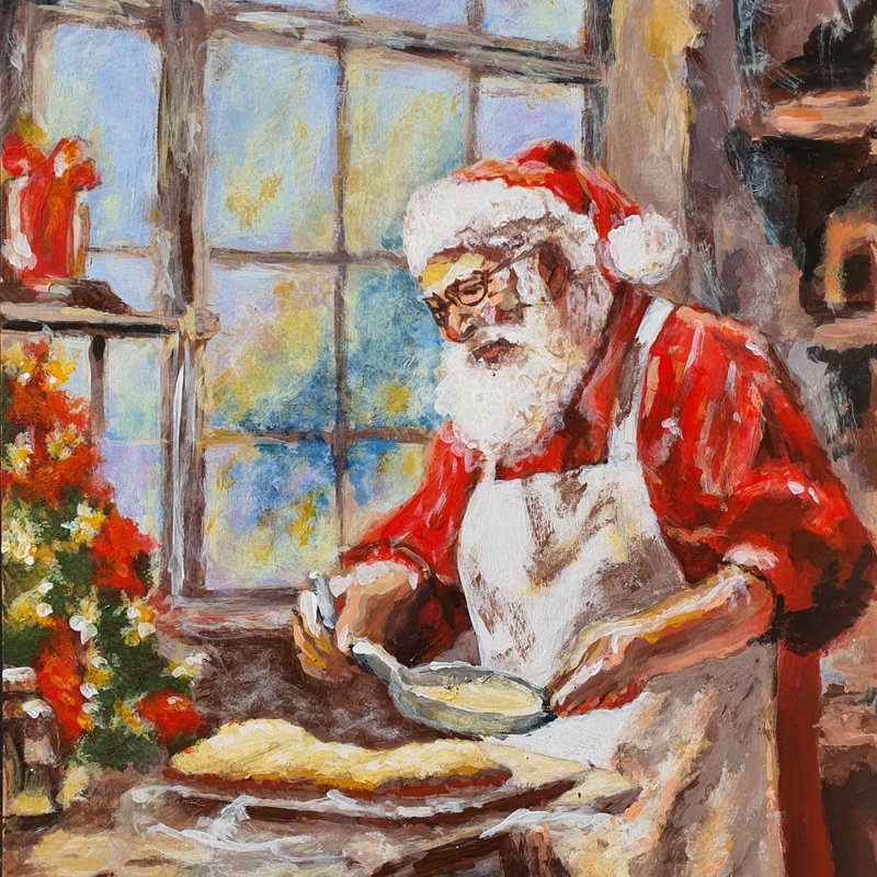 Santa Painting Cozy Christmas Baking - Original Hand-Painted Acrylic Celebration - โปสเตอร์ - วัสดุอื่นๆ สีแดง