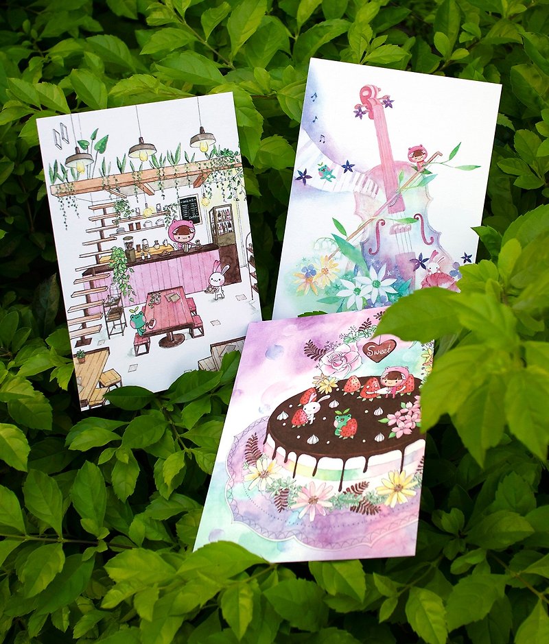 蛙蛙喵 蛋糕 提琴 咖啡廳 粉色明信片組 三入 - 卡片/明信片 - 紙 粉紅色