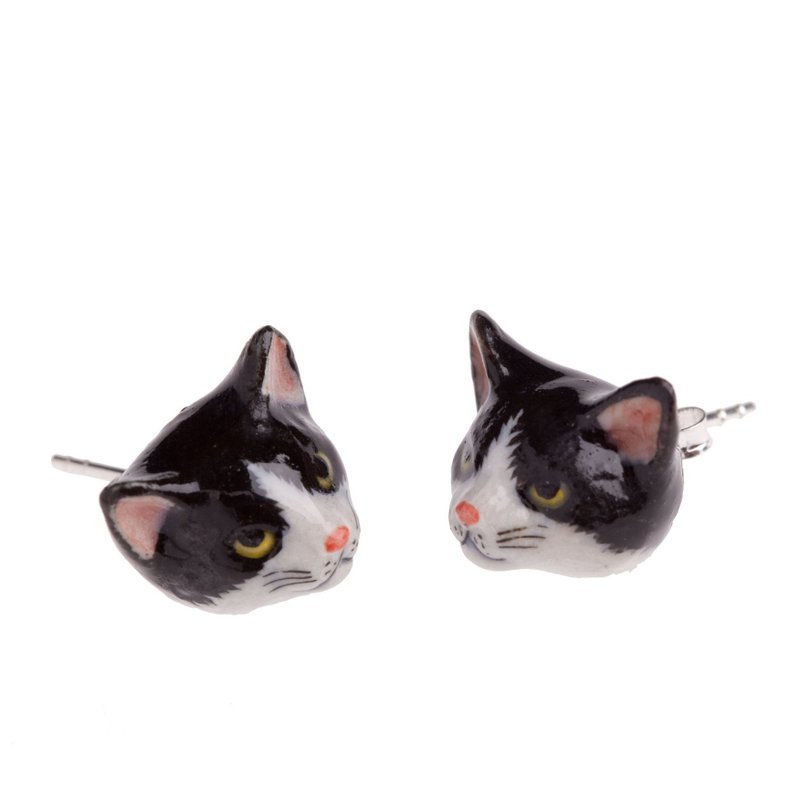 AndMary 手繪瓷耳環-黑白貓 禮盒裝 Black & White Cat Earrings - 耳環/耳夾/耳骨夾 - 瓷 黑色