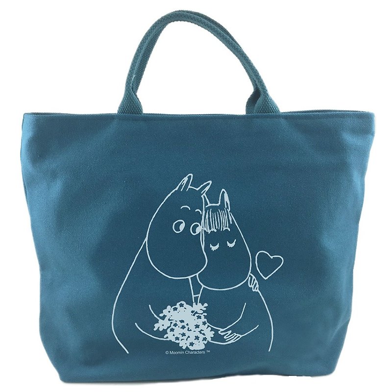 Moomin 噜噜 米 Authority- [Zip Canvas Bag-Blue] (Small) - กระเป๋าถือ - ผ้าฝ้าย/ผ้าลินิน สีน้ำเงิน