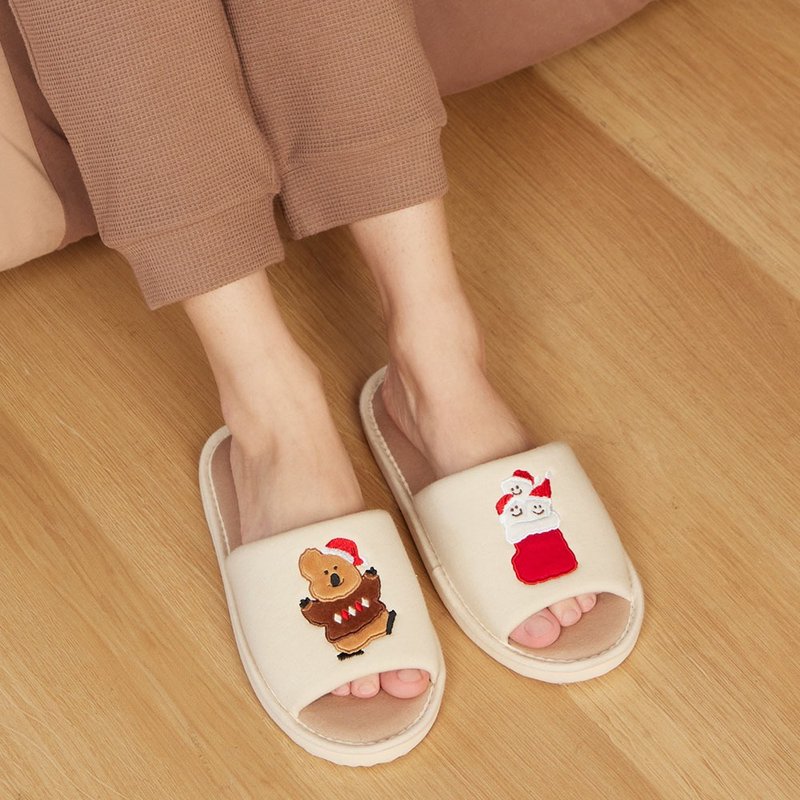 DINOTAENG | 冬日開口室內拖鞋-象牙白(M/L) - 室內拖鞋 - 棉．麻 卡其色