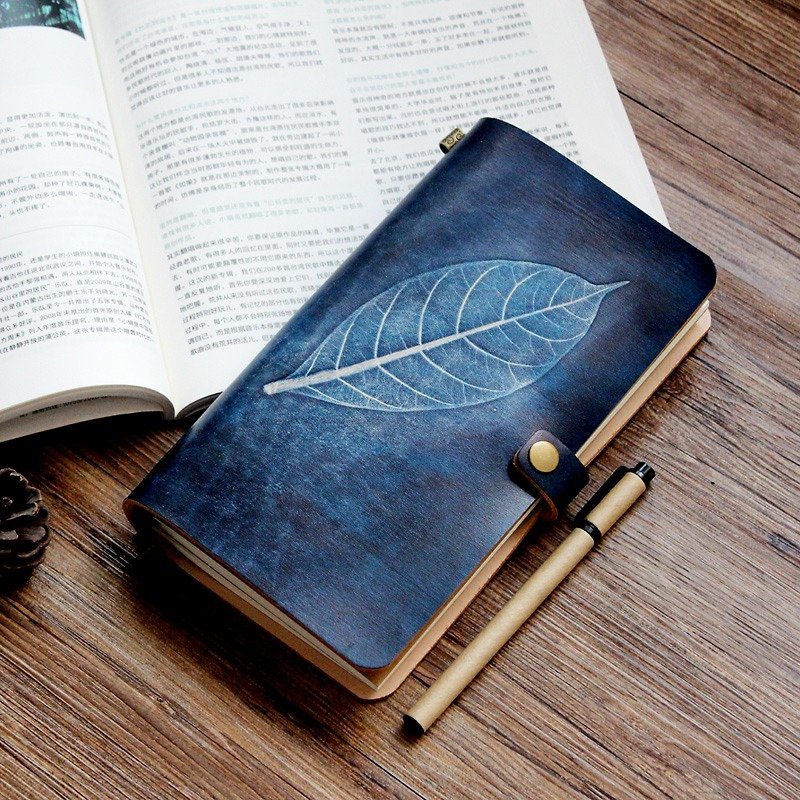 Such as eucalyptus leaves rubbing series Shanhai Blue Handbook notebook diary TN travel book 22*12cm - Notebooks & Journals - Genuine Leather Blue