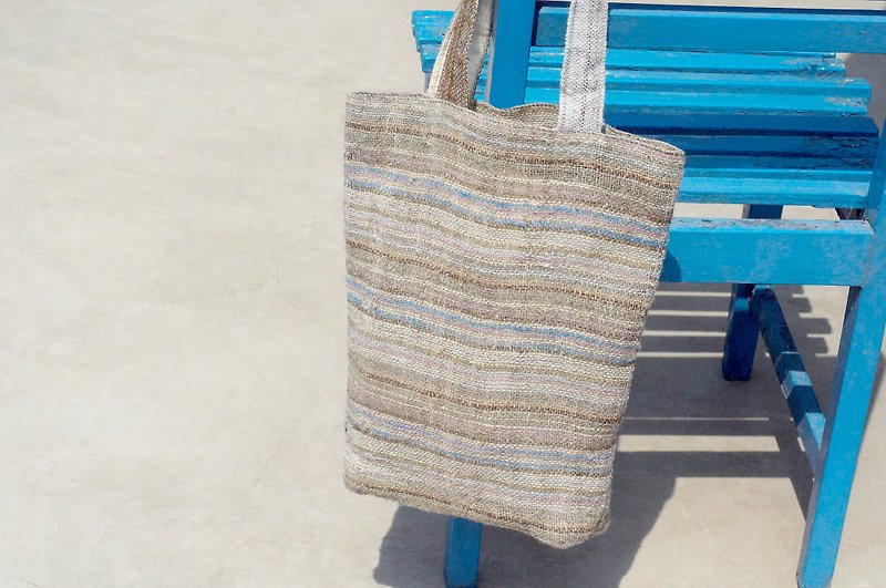 A limited edition hand-woven natural cotton striped lightweight bag / backpack / shoulder bag / shoulder bag / bag - gray-blue - Messenger Bags & Sling Bags - Cotton & Hemp Blue