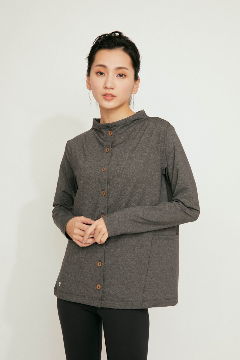 Full Buttons Up Placket Blouse-Dark Stone Grey - Women's Yoga Apparel - Polyester Black