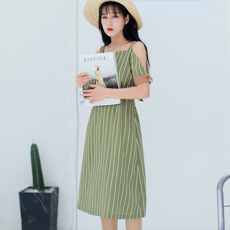 安妮陳2017夏裝新款女士撞色特殊袖吊帶連身裙洋裝 - 連身裙 - 其他材質 綠色