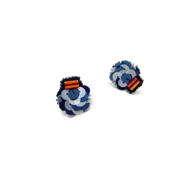 Small Ball Embroidery Earrings / Deep Blue - ต่างหู - วัสดุอื่นๆ สีน้ำเงิน