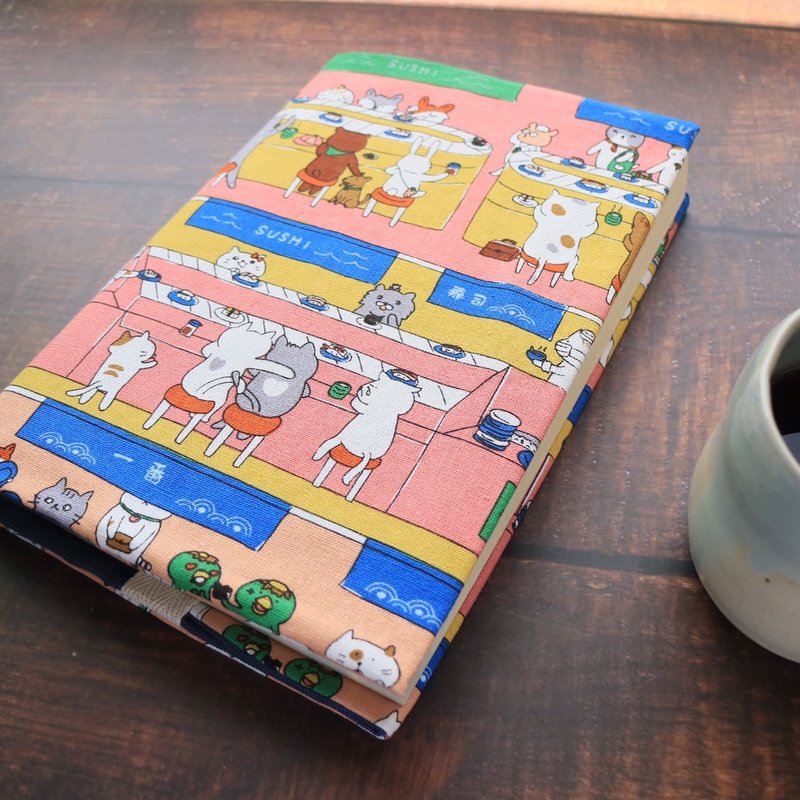 [Cat Conveyor Sushi-Powder] Book Cover Adjustable Cloth Book Cover Handmade Book Cover A4 A5 A6 B6 20 - Book Covers - Cotton & Hemp 