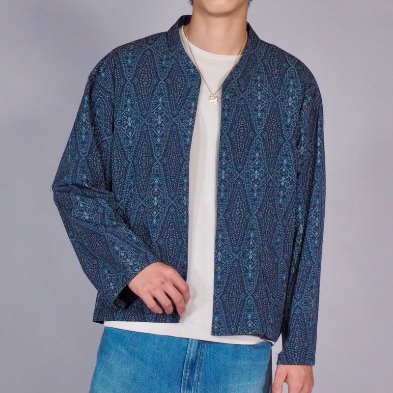 【日本製】vintage Kimono remake long sleeve shirt, light jacket, indigo blue - Men's Coats & Jackets - Silk Blue