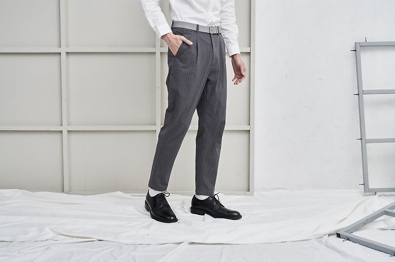 COP1640-1616 Elastic Stripe Trousers - Dark Grey Stripe - กางเกงขายาว - วัสดุอื่นๆ 