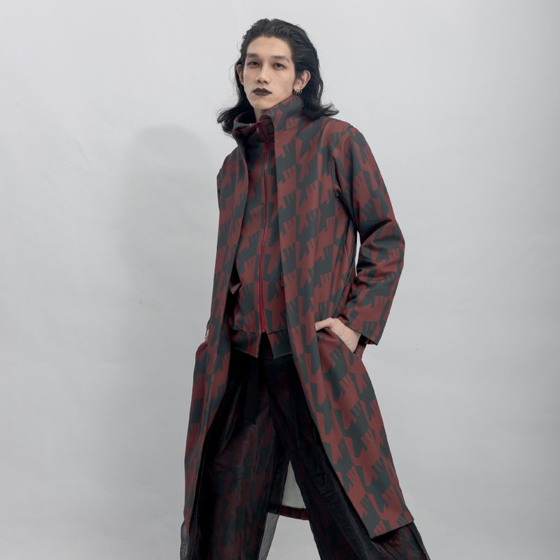 INF 假兩件設計長版印花鋪棉外套 / 熾焰紅 - 男夾克/外套 - 聚酯纖維 紅色