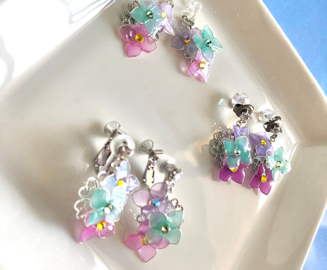 温度で色が変わる？！　紫陽花　イヤリング　ピアス　6輪　シルバー        
