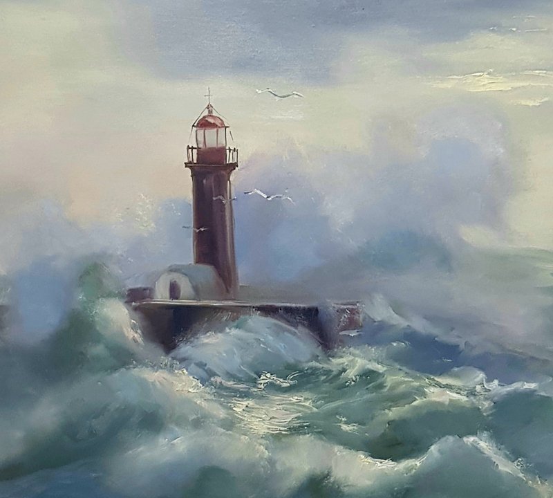 Lighthouse Original Oil Painting Sea 手工油畫 wave wall art Canvas sea artwork - โปสเตอร์ - วัสดุอื่นๆ สีน้ำเงิน