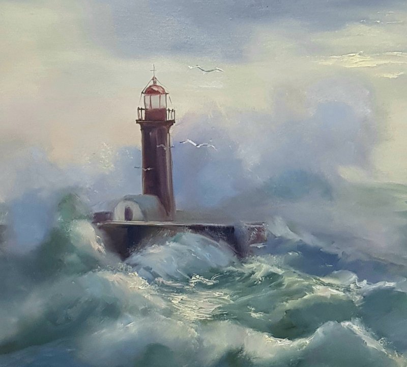 Lighthouse Original Oil Painting Sea 手工油畫 wave wall art Canvas sea artwork - 海報/掛畫/掛布 - 其他材質 藍色