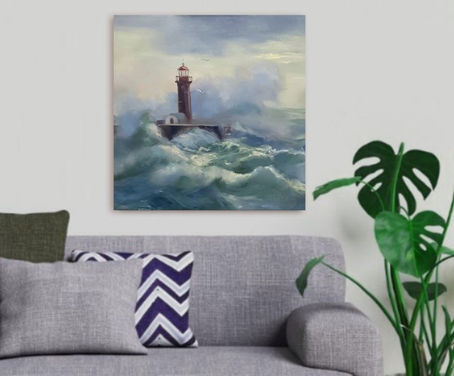 灯台オリジナル油絵海手工油畫波壁アートキャンバス海のアート
