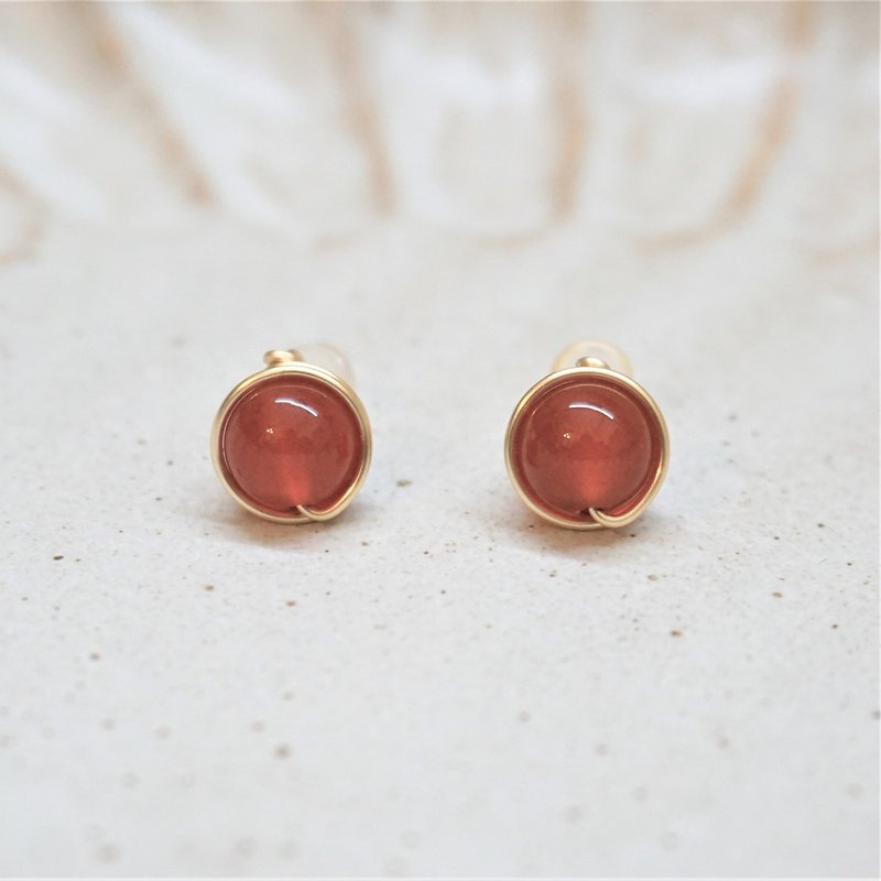 << Gold Wire Frame Ear Pin-Red Agate>> 8mm (Clip-On style is also available) - ต่างหู - เครื่องประดับพลอย สีแดง